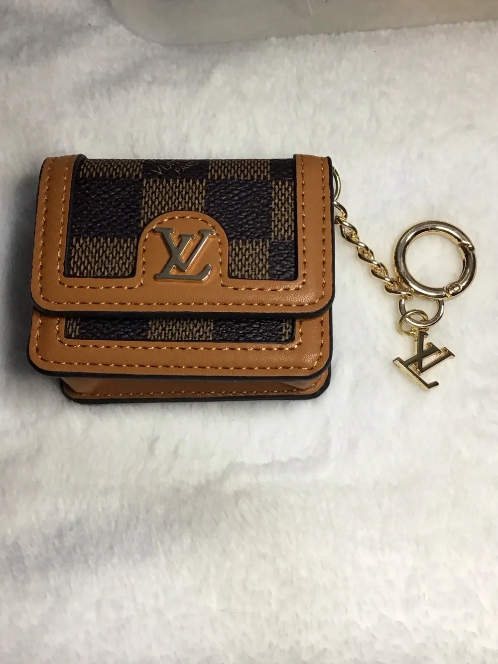 FashionLouis Vuitton Brown and Tan Check key chain with Metal LV Logo